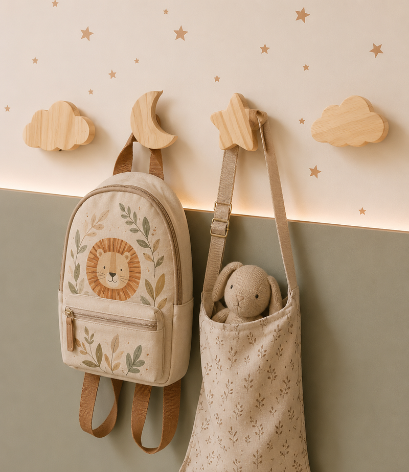 Gancho de Parede Infantil Montessoriano | Madeira Maciça — Nuvem, Lua ou Estrela