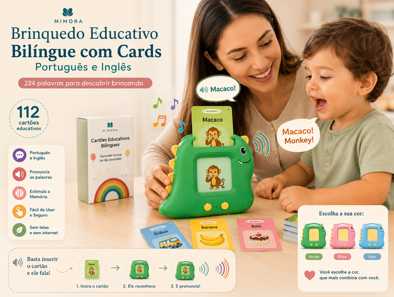 Brinquedo Educativo Bilíngue com Cards – Português e Inglês | 224 Palavras