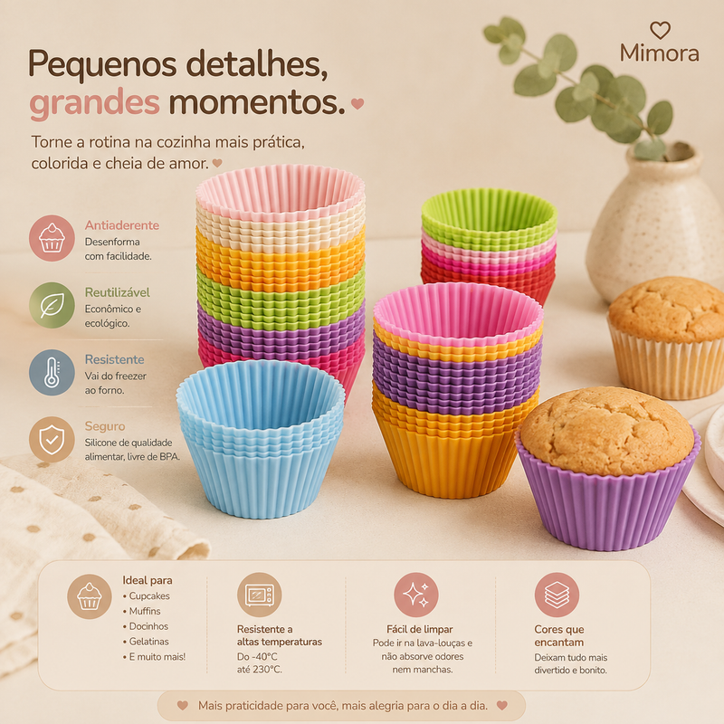 Kit 36 Forminhas de Silicone Reutilizáveis | Bolinhos, Muffins e Pães