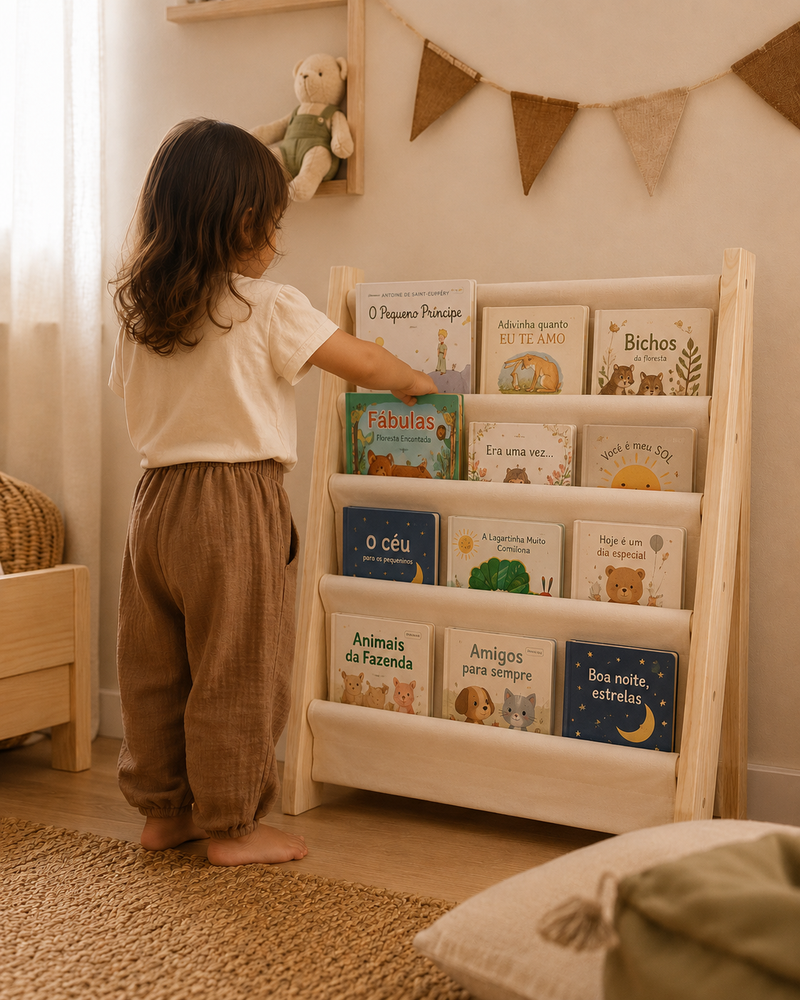 Estante Porta Livros Infantil Montessoriana | Rack em Madeira e Tecido + 8 Livros de Brinde