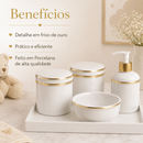 Kit Higiene Bebê em Porcelana com Filete Dourado | 4 ou 5 Peças Premium