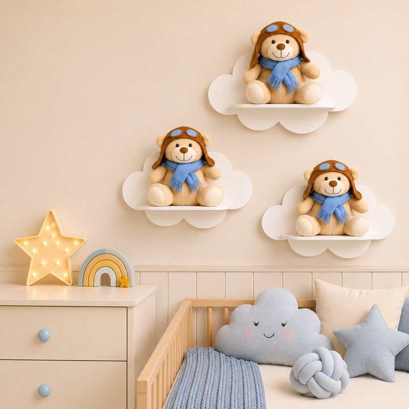 Trio Prateleira Nuvem MDF Infantil | Nicho Decorativo Quarto Bebê |
