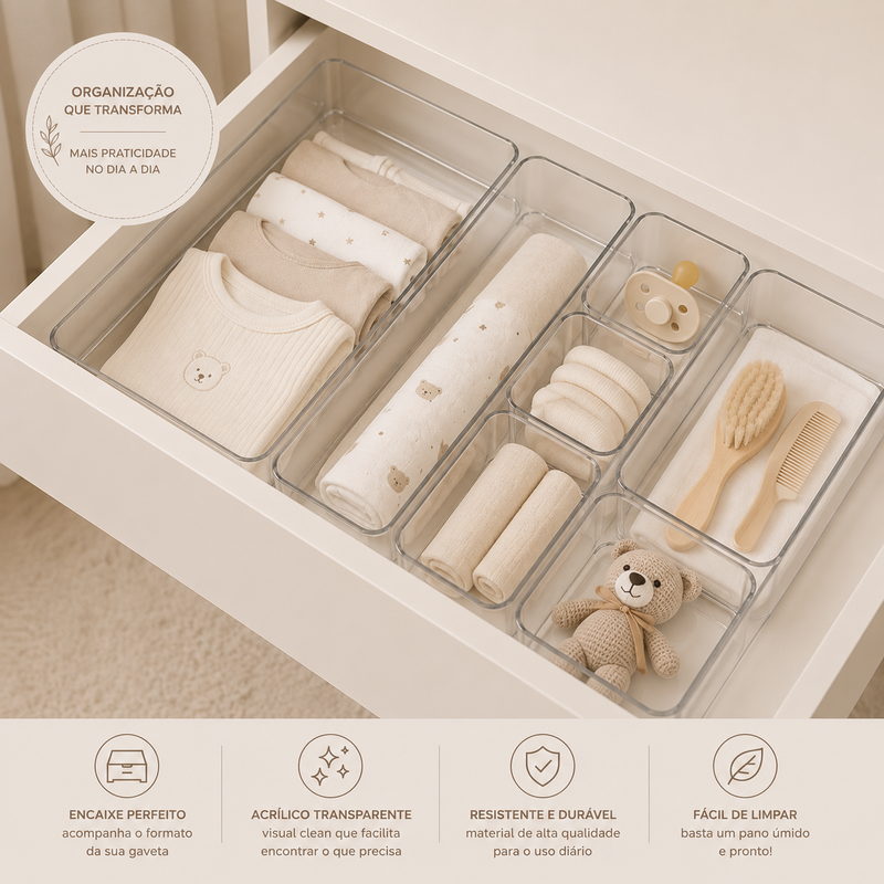 Kit 7 Organizadores de Gaveta em Acrílico Transparente | Organização Premium para Quarto do Bebê