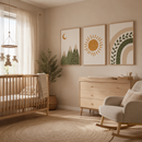 Kit 3 Quadros Decorativos Sol & Montanhas Boho para Quarto de Bebê