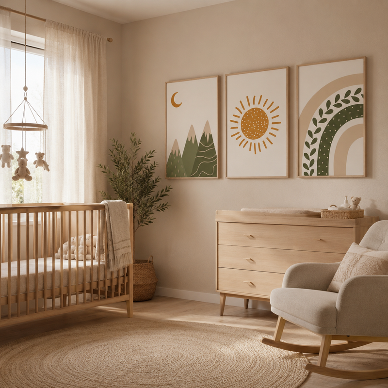 Kit 3 Quadros Decorativos Sol & Montanhas Boho para Quarto de Bebê