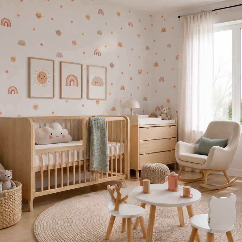 Adesivo de Parede Infantil Boho | Sol, Arco-Íris, Nuvens, Bolinhas e Estrelas
