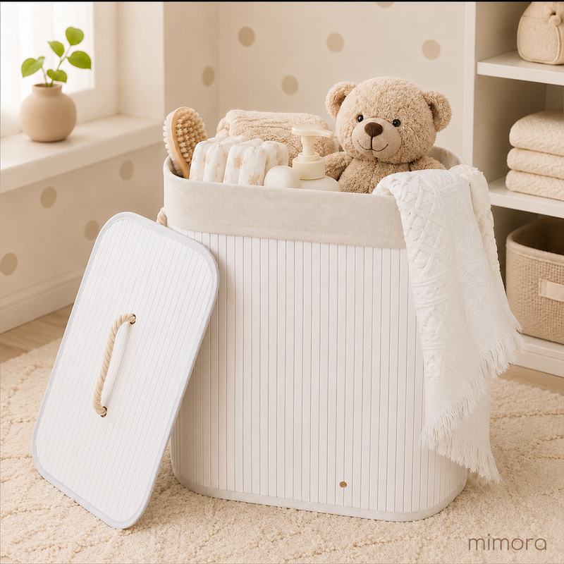 Cesto Organizador de Bambu com Tampa 50L | Dobrável para Roupas e Brinquedos