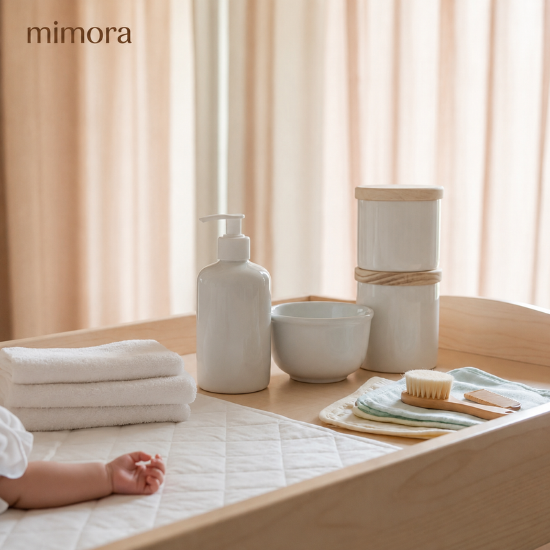 Kit Higiene Bebê em Porcelana Premium com Tampa de Pinus | 4 Peças Essenciais