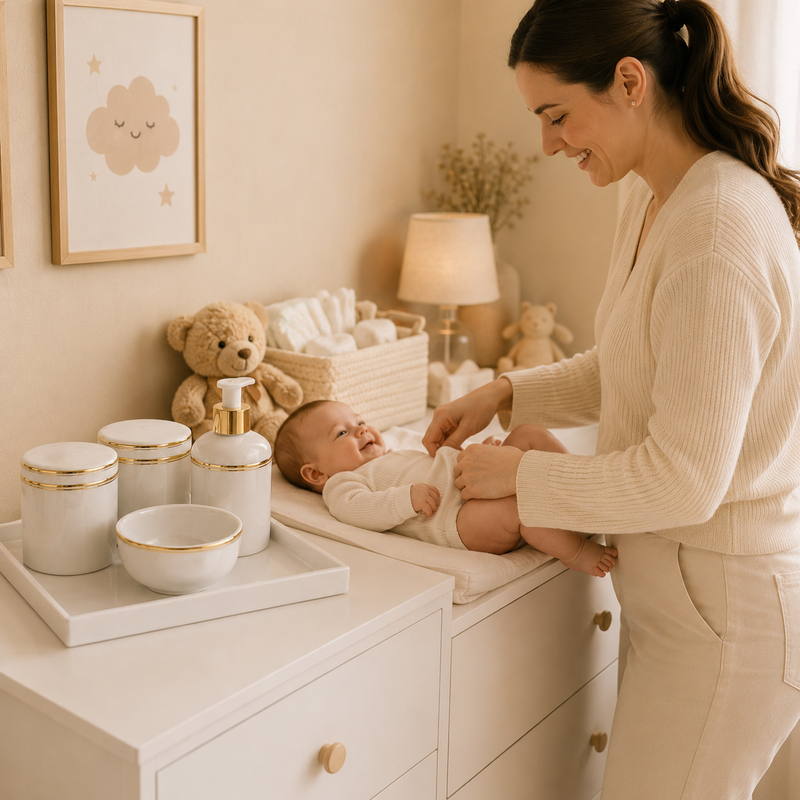 Kit Higiene Bebê em Porcelana com Filete Dourado | 4 ou 5 Peças Premium