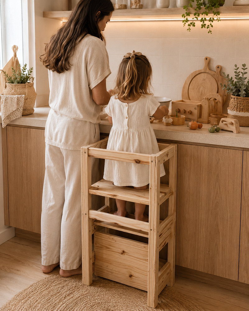 Torre de Aprendizagem Montessoriana 4 em 1 | Torre + Cadeirão + Mesinha
