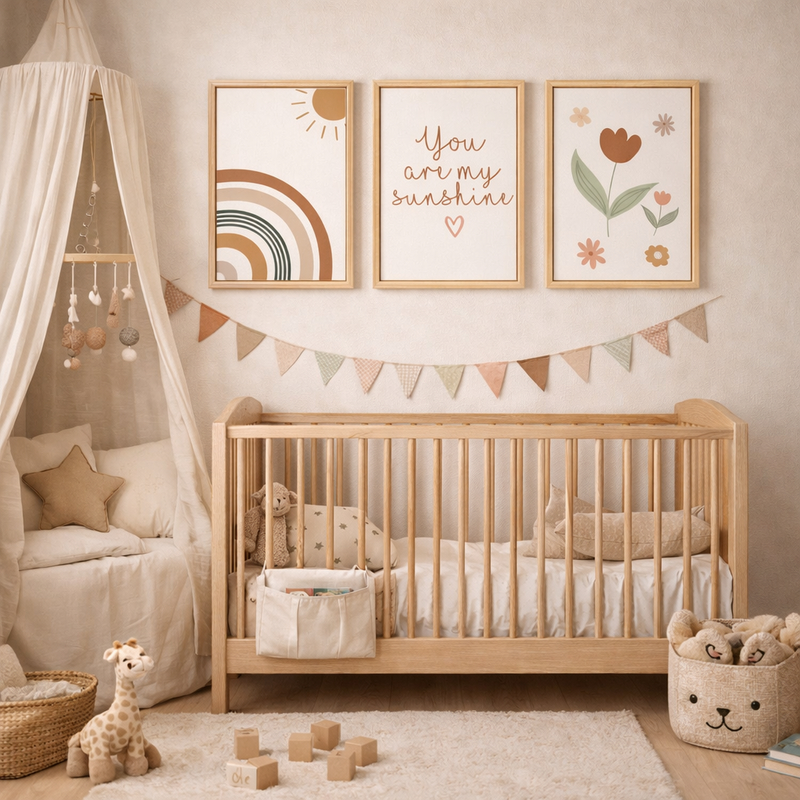 Trio Quadros Decorativos Infantil Boho Sol Arco-íris You Are My Sunshine Quarto Bebê Menina Menino