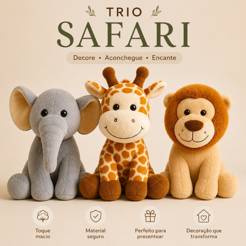 Trio de Urso de Pelúcia Safari Bicho de Pelúcia Safari Leão Elefante Girafa